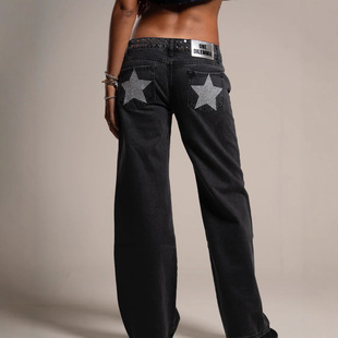 one dilemma欧美跨境星星印花镶钻牛仔裤女宽松直筒裤速卖通女装