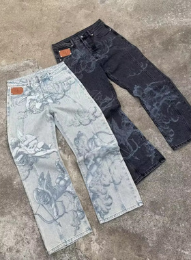 跨境欧美复古天使印花牛仔裤男女同款高街小众设计感直筒拖地裤潮