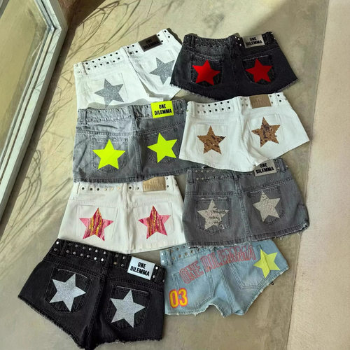 欧美跨境one dilemma牛仔短裤女y2k辣妹低腰宽松时尚星星印花热裤