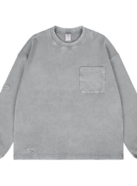 UNZEOT日系贴袋华夫格水洗重磅宽松落肩圆领长袖T恤男