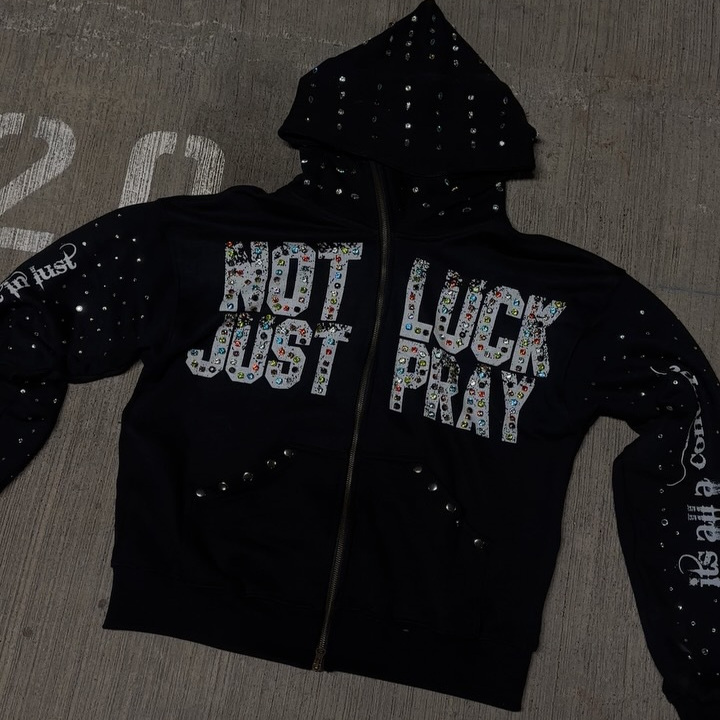 字母百搭烫钻卫衣开衫连帽外套新款潮牌满钻流行个性街头卫衣