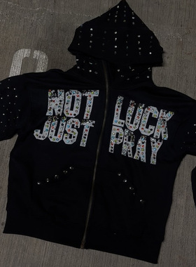 字母百搭烫钻卫衣开衫连帽外套新款潮牌满钻流行个性街头卫衣