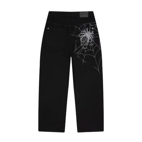 跨境潮牌derschutze蜘蛛网刺绣宽松直筒牛仔裤男个性街头jeans棉