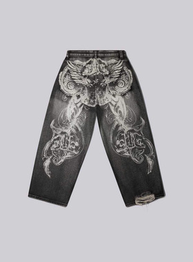 UNZEOT跨境欧美水洗高腰牛仔裤复古风高街y2k宽松阔腿长裤