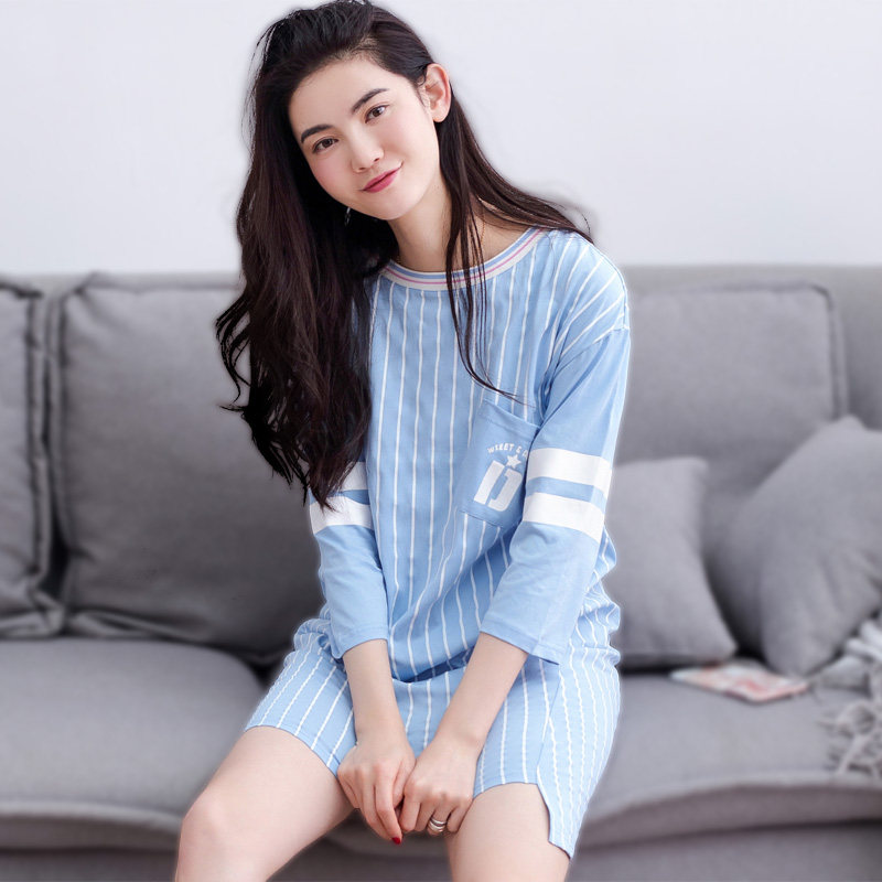 夏季睡衣裙海军风条纹纯棉睡衣清纯全棉学生款少女天蓝色可爱睡裙