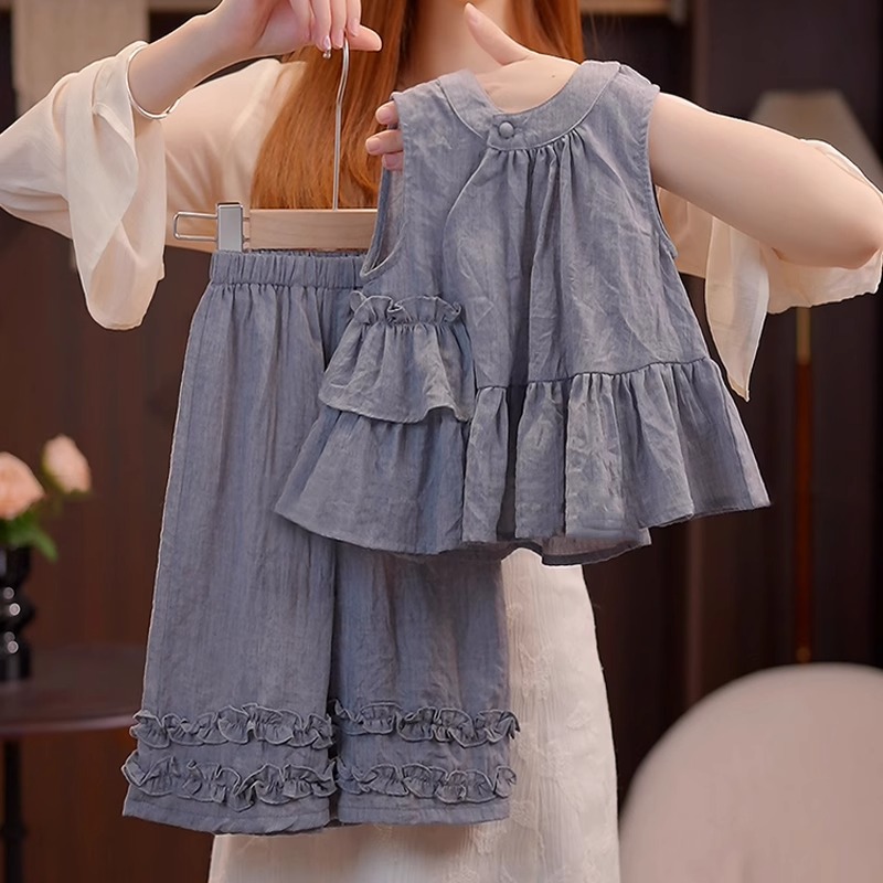 女童夏套装2025新款儿童夏款荷叶花边上衣小童女孩炸街灰色阔腿裤