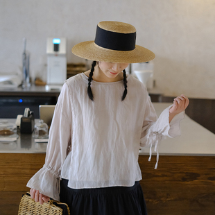 女宽松前后两穿上衣 系带衬衫 十月雪 日系苎麻披肩式