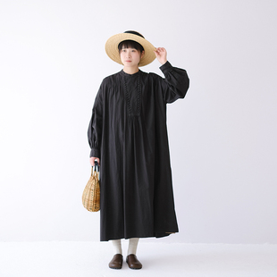 十月雪  全棉宫庭风包扣长裙女春季新款文艺百搭宽松长袍子连衣裙