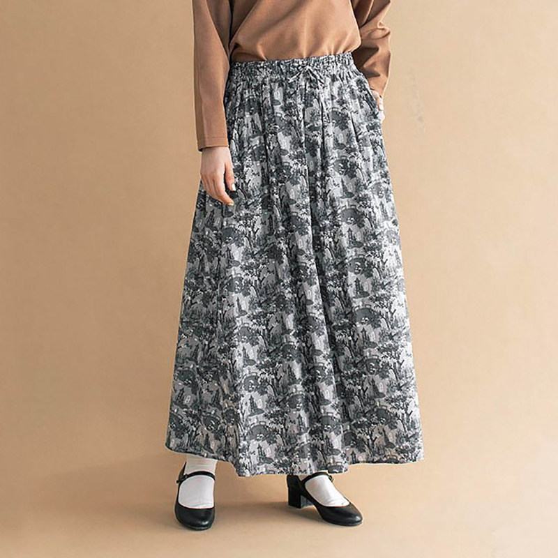 十月雪 日系印花半裙气质水墨画中长裙2024新款女春款显瘦裙子