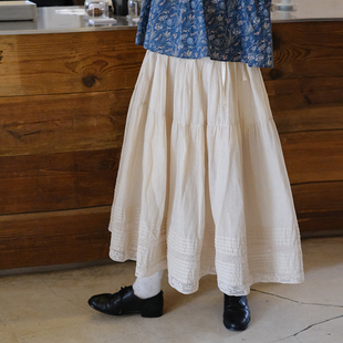 十月雪 日系棉麻花边半身裙松紧腰百搭春夏仙女裙子 三色花边裙