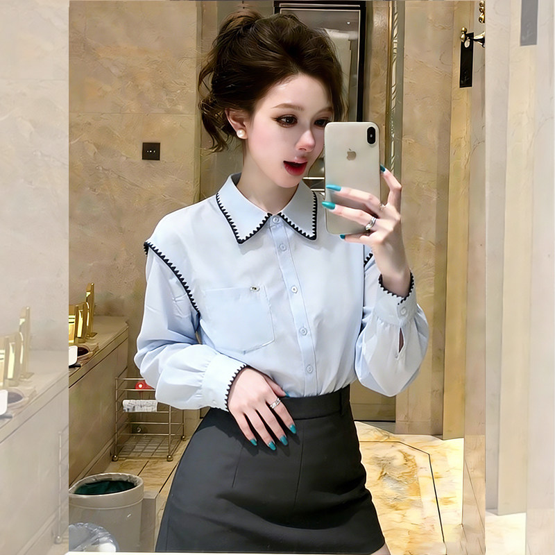 今年流行巨好看的韩里韩气设计感小众上衣蓝色Polo领长袖衬衫女春,女装/女士精品,衬衫,淘宝优惠券,粉丝福利购,淘宝优惠卷