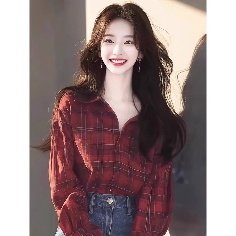 甜美宽松慵懒风红色格子长袖衬衫