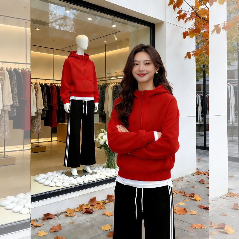 2026秋冬季新款红色连帽卫衣女时尚气质小个子宽松慵懒风短款上衣