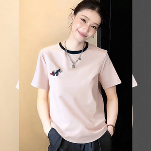 高级感休闲圆领撞色短袖 显瘦上衣女 t恤2026春夏小马绣花慵懒时尚