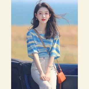 夏季韩系chic洋气独特别致漂亮上衣宽松百搭显瘦蓝色条纹T恤女款