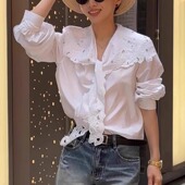 2025夏季 上衣女 防晒衬衫 新款 重工镂空刺绣镂空绑带海军领白色长袖