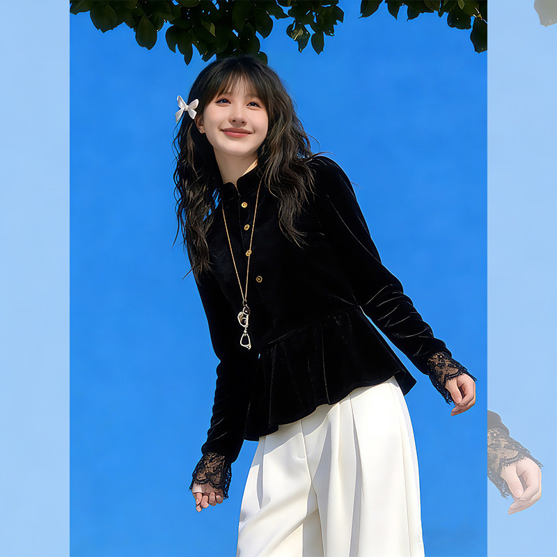 法式气质黑色立领拼接蕾丝丝绒上衣女26春轻奢高级感洋气减龄小衫,女装/女士精品,衬衫,淘宝优惠券,粉丝福利购,淘宝优惠卷