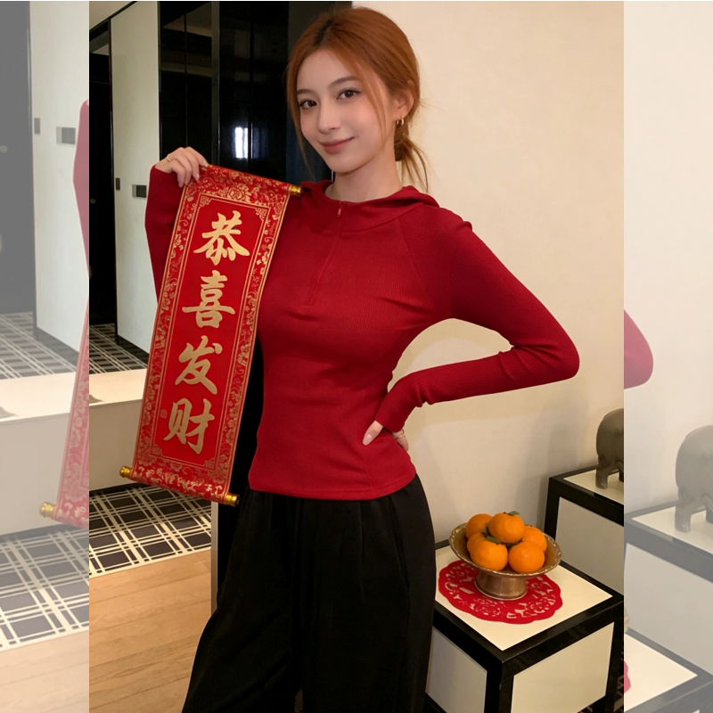 高级感红色新年穿搭连帽长袖T恤女修身显瘦内搭打底衫小个子上衣,女装/女士精品,T恤,淘宝优惠券,粉丝福利购,淘宝优惠卷