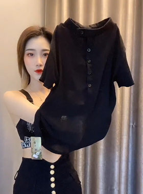 黑色雪纺衫t恤女2026年新款短袖夏季修身心机设计感小众微透衬衣