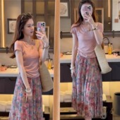 套装 裙女夏季 新款 时尚 甜美减龄短袖 T恤上衣遮肉显瘦碎花A字半身裙