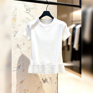 2026春夏甜美花边减龄短袖 女 韩系百搭简约上衣正肩宽松圆领打底衫