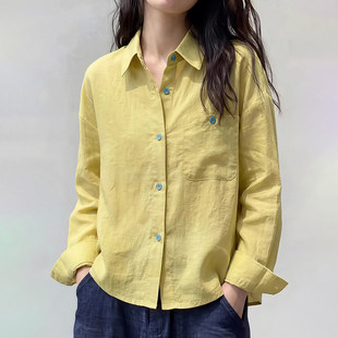 浅黄色polo领宽松长袖衬衣衬衫2026春季韩系多巴胺外穿通勤上衣女