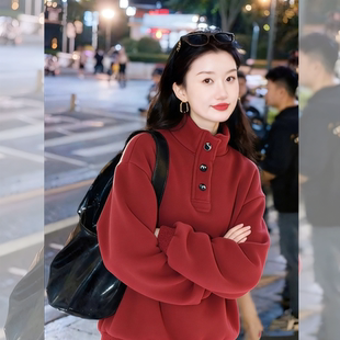 红色加绒半高领卫衣女冬季2026新款宽松慵懒风独特漂亮巨好看上衣