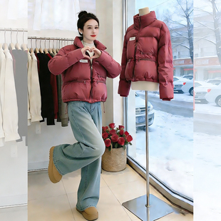 红色短款羽绒棉服女2026年新款冬季高级感小个子面包服厚外套棉衣