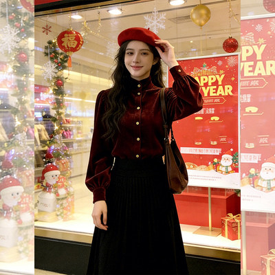 【赠送运费险】红色立领丝绒上衣