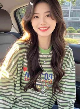 2024新款早秋chic上衣小众设计感宽松卡通印花绿色条纹长袖t恤女