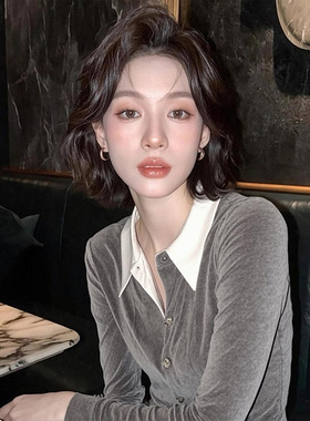 今年流行灰色翻领长袖衬衫女2026秋冬新款气质掐腰内搭打底衫上衣