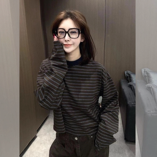 黑灰条纹圆领长袖T恤女秋冬欧货慵懒风宽松早秋韩系chic百搭上衣