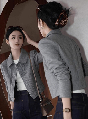 休闲风灰色翻领夹棉短外套女款秋季新款小个子今年流行漂亮上衣服