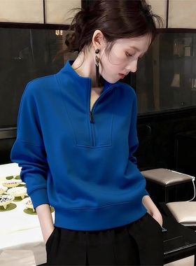 克莱因蓝色立领卫衣女秋冬2026新款今年流行爆款时髦洋气上衣外穿