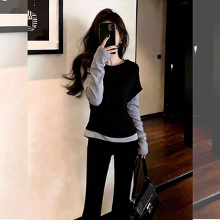 日常通勤套头长袖 新款 女装 韩系休闲风圆领灰色拼接上衣2026年春季