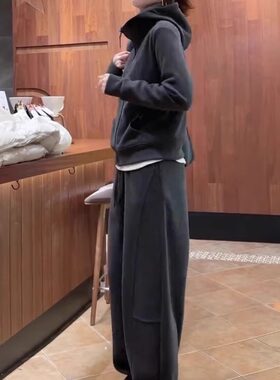 加绒加厚卫衣外套阔腿裤两件套