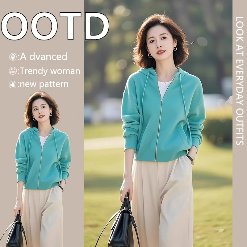 休闲蓝色连帽卫衣外套女装早春季