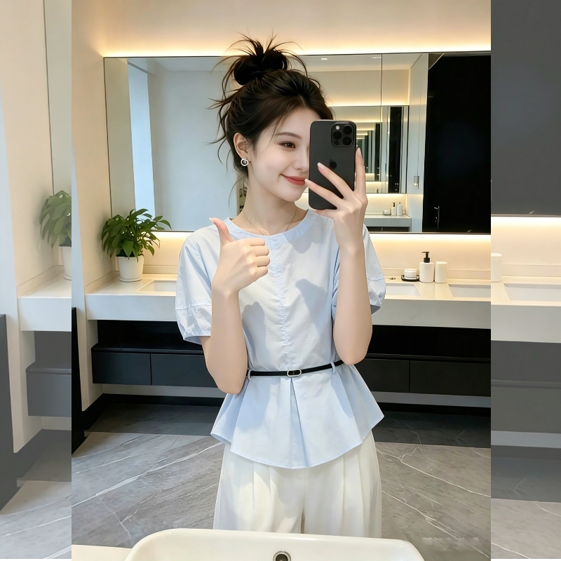 法式高级感蓝色泡泡袖衬衫女2026夏季新款收腰显瘦小众设计感上衣