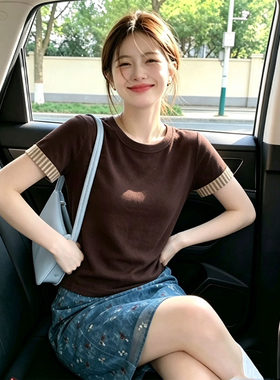 【送运费险】咖色条纹袖口T恤女