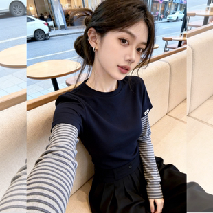 藏蓝设计感假两件条纹撞色长袖T恤女春季小众显瘦独特打底衫上衣