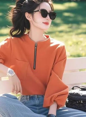 春秋独特别致半开领宽松长袖卫衣女设计感小众超好看橙色绝美上衣