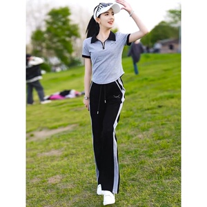 休闲运动套装女夏2024新款网红炸街洋气拉链polo领纯棉短袖两件套