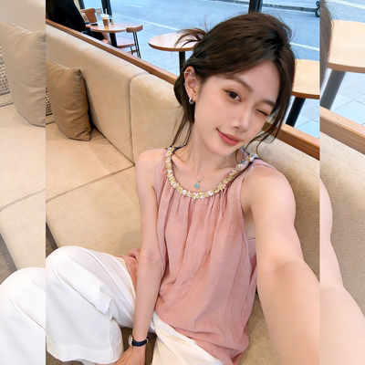 【送运费险】粉色无袖背心衬衫女