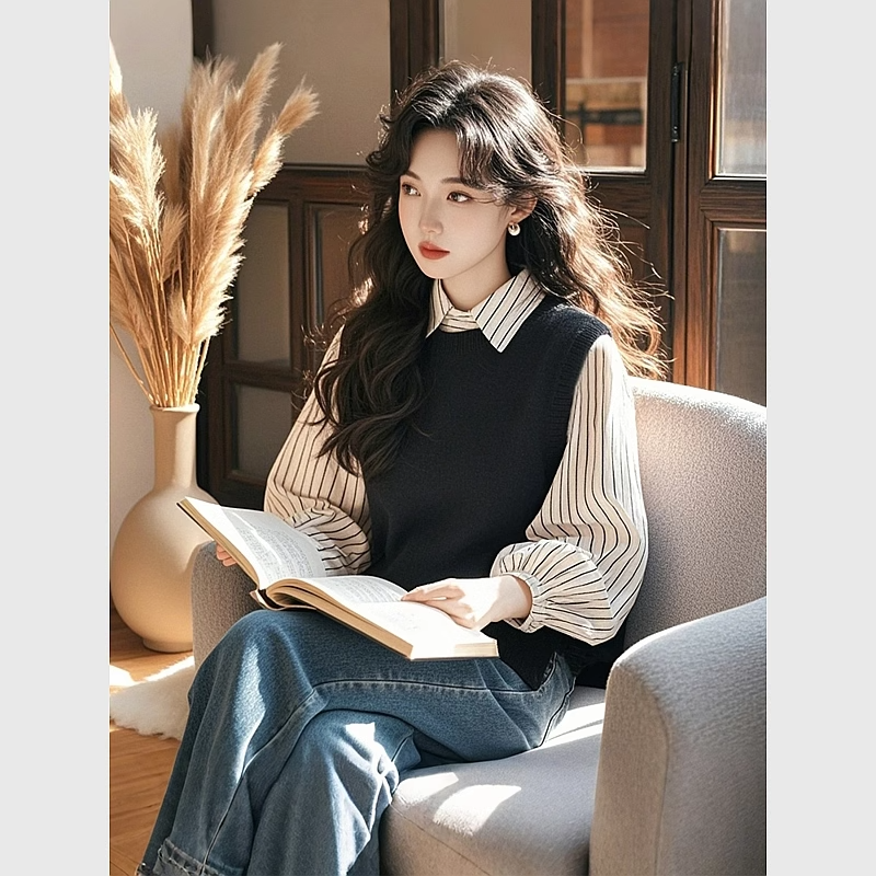 白色条纹撞色假两件衬衫女春