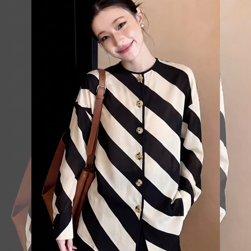 条纹圆领长袖衬衫女2026春季新款时尚百搭宽松显瘦休闲减龄上衣
