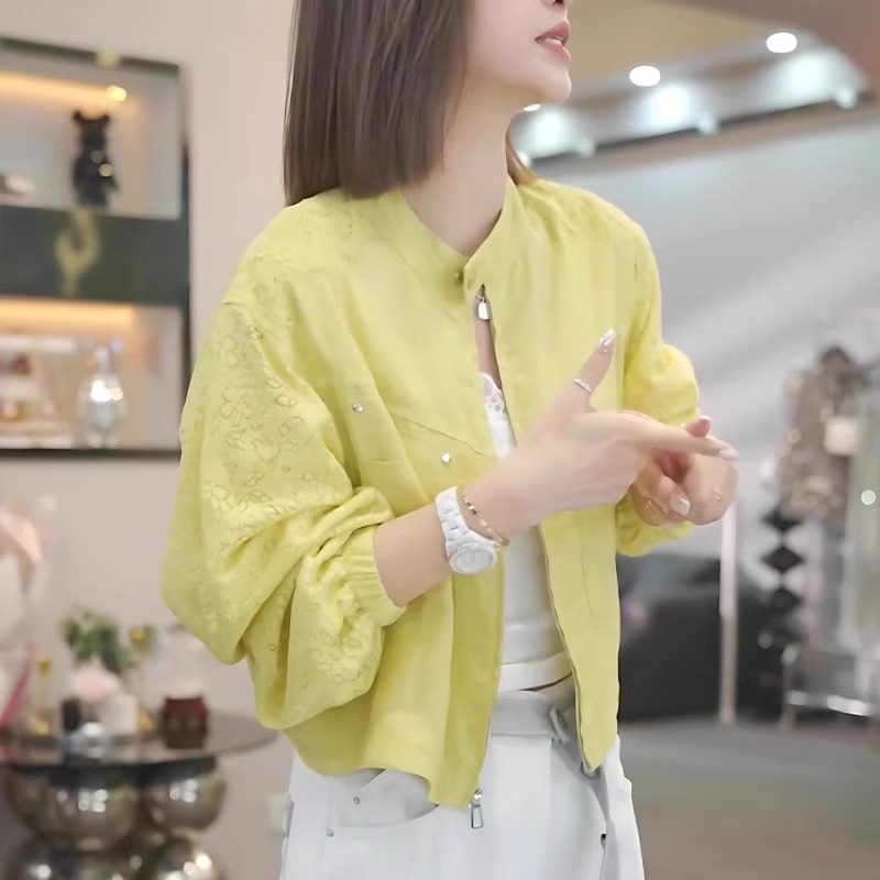 欧货黄色时尚立领重工设计防晒衣女2025春夏季新款百搭短外套上衣