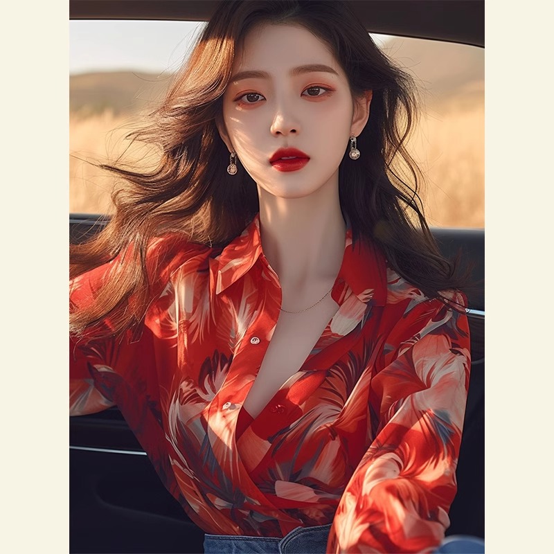 小众别致漂亮港风雪纺印花衬衫