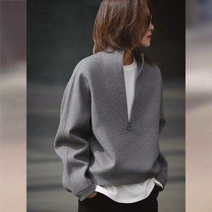 灰色半拉链卫衣女款2026秋新款加绒加厚高级感慵懒风百搭外穿上衣