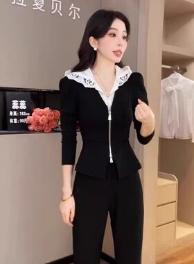 蕾丝拼接设计连帽上衣裤子两件套