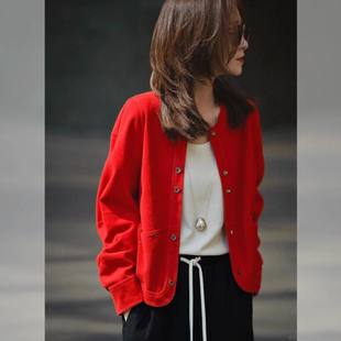 法式红色圆领短外套女款2026秋新款今年流行爆款百搭休闲夹克上衣